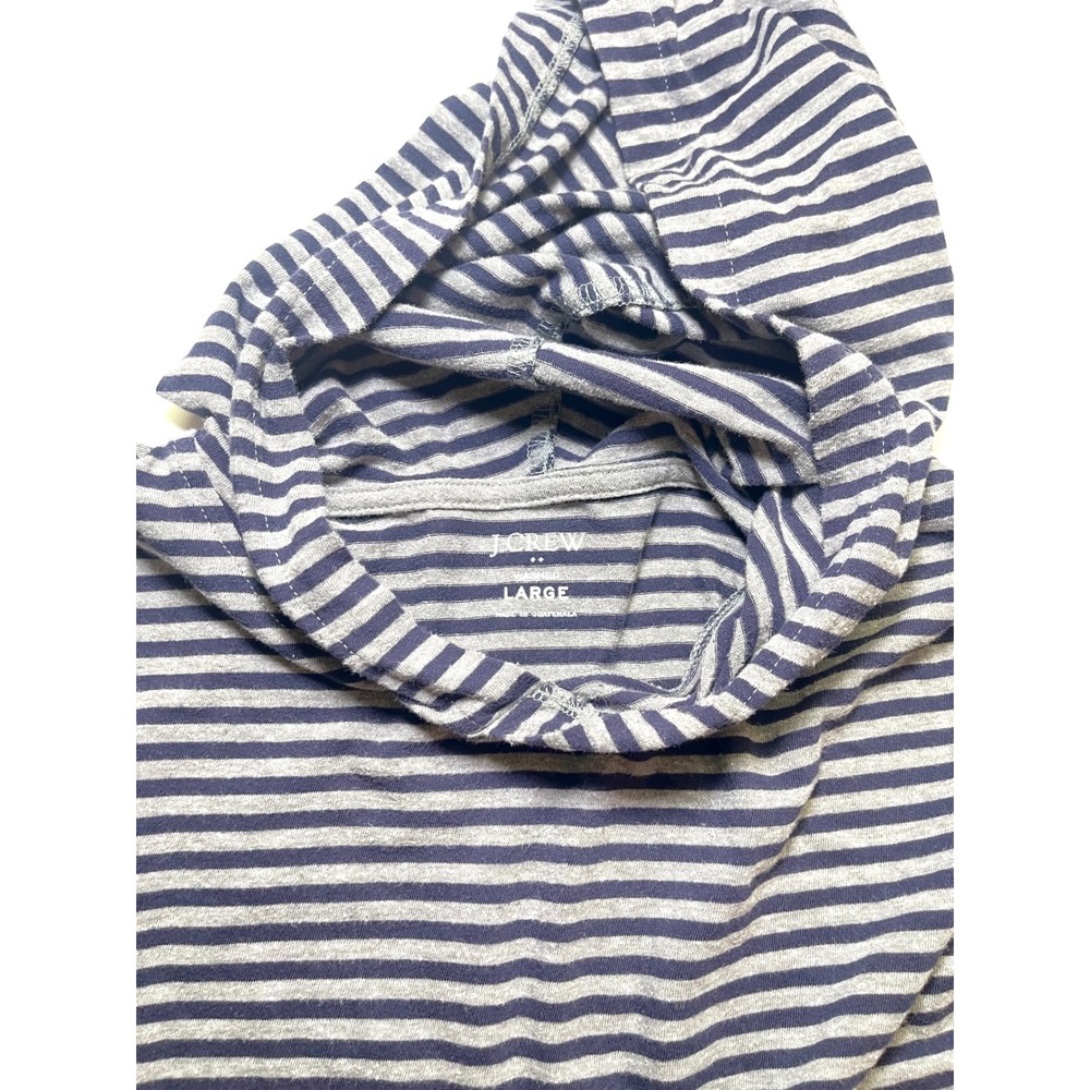 J Crew Mens Large Hooded Long Sleeve T-Shirt Navy Blue Grey Striped Pullover 372